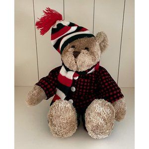 Brown Teddy Bear Plush Green Corduroy Pants Winter Red, Green & White Hat/Scarf